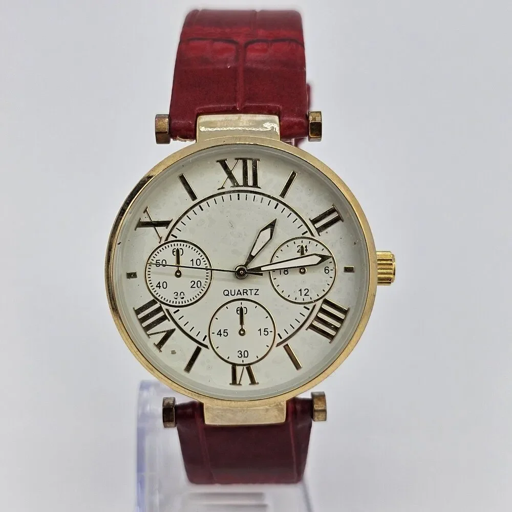 Women's Watch 38MM Cream Dial Roman‎ Numerals Red Faux Leather Bands New Battery